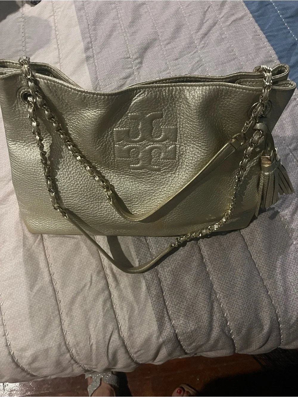 Tory Burch Metallic gold Leather Shoulder Bag with Tassel